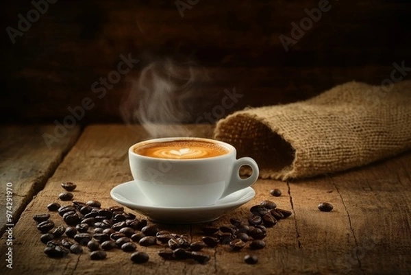 Fototapeta Steaming Cup of Latte with Coffee Beans on a Wooden Table