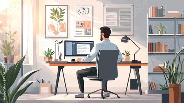 Fototapeta Modern Workplace with Man Working on Computer