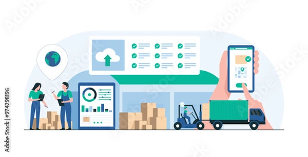 Fototapeta Modern Logistics Warehouse with Efficient Inventory Management. Supply Chain Operations Using Advanced Technology for Warehouse. Illustration