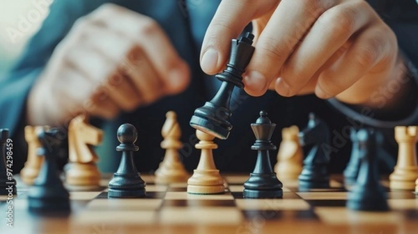 Fototapeta Close-up of hands moving chess pieces on a classic wooden chessboard during a tense match. Focus on strategy and concentration.