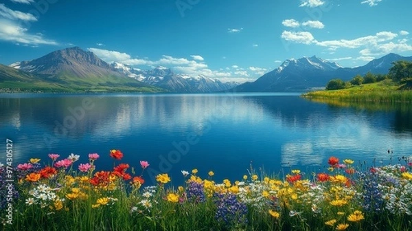 Fototapeta A serene lake surrounded by vibrant flowers and majestic mountains under a clear blue sky.