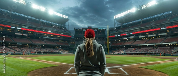 Fototapeta A woman stands on a baseball field, looking out at the stadium