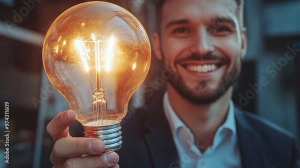Fototapeta New creativity and innovation are the key to successful thinking and creative business concepts. Businessman's hand holding creative light bulb with network technology strategy planning