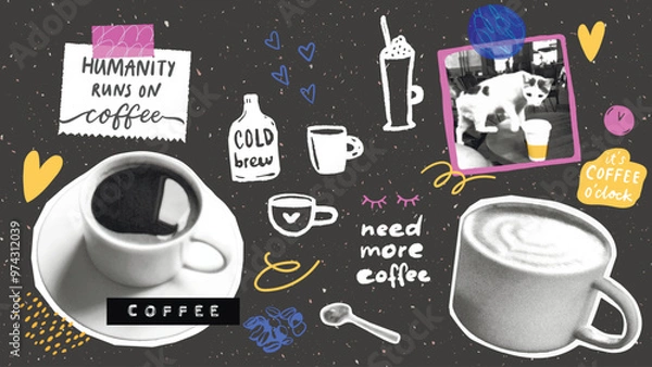 Fototapeta Coffee collage board with sticky notes, inspirational funny quotes, cups cutout, photo of cat in cafe. Bold pop graphic set