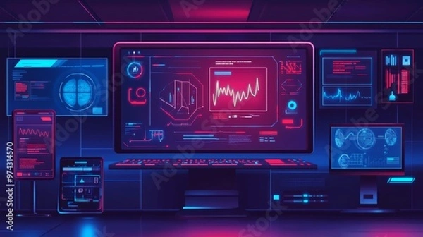 Fototapeta Modern Virtual Waiting Room Interface on Computer Monitor Displaying Digital Waiting Queue with Tech Gadgets Background
