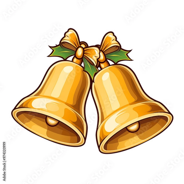 Obraz A pair of golden jingle bells tied together with a red bow and holly leaves, festive holiday design, transparant png