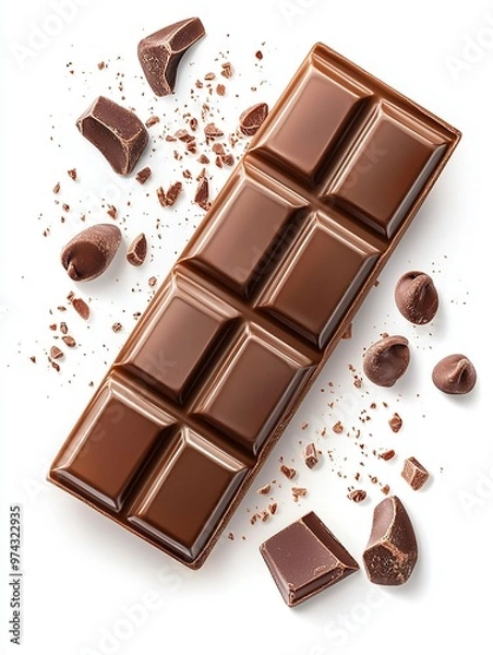 Fototapeta Delicious chocolate bar with broken pieces scattered around, perfect for dessert or sweet cravings.