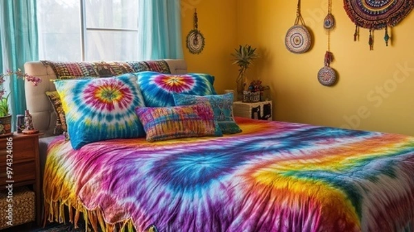 Fototapeta A colorful tie-dye bedspread on a bed, with matching pillows and decor, creating a bohemian vibe