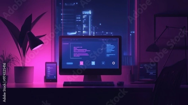 Fototapeta Futuristic Programming Workspace with Neon Lights and City Skyline