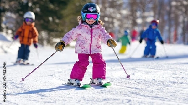 Fototapeta Young child skiing on a snowy slope while other children and adults enjoy winter sports at a ski resort on a sunny day