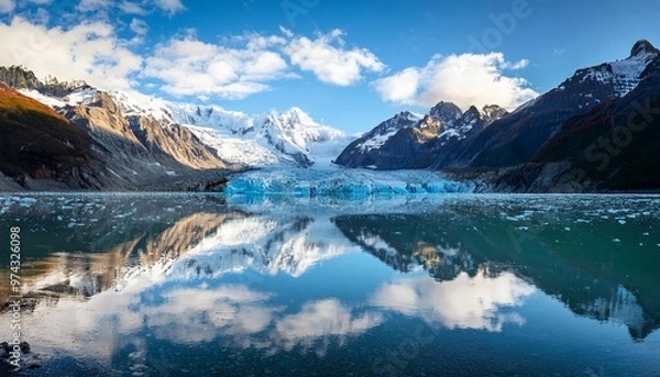 Fototapeta Pristine Glacier Reflecting the Surrounding Peaks, Showcasing Nature's Majestic Splendor