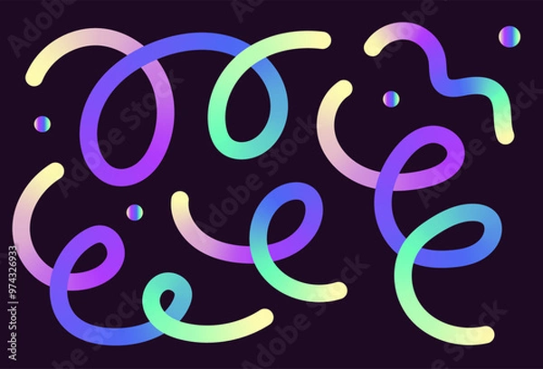 Fototapeta Neon Color Gradient squiggle lines. Scribble stripe with wavy elements. Abstract organic dynamic colorful Sshapes on dark background.