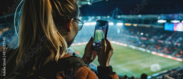 Fototapeta A woman is taking a picture of a soccer field with a cell phone