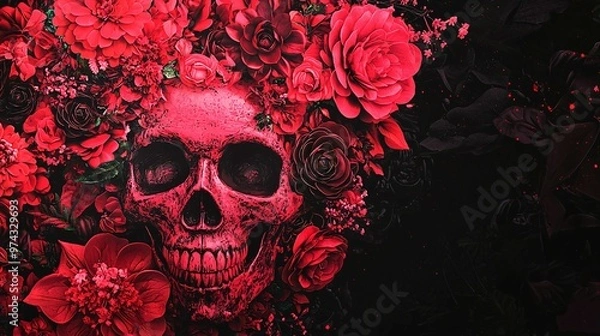 Fototapeta A red skull is enveloped by dark red flowers against a stark black background, creating a striking and eerie visual contrast.