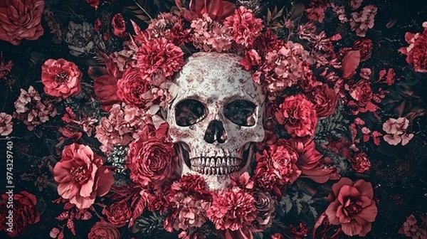 Fototapeta An ornate white skull with intricate patterns is encircled by red and pink flowers, set against a dark background, creating a blend of beauty and macabre.