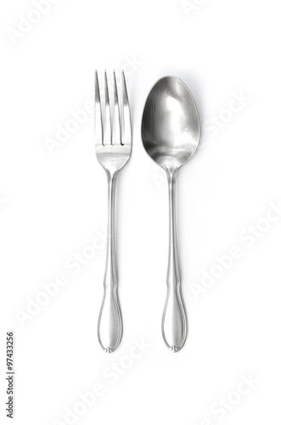 Obraz silver spoon and fork vertical alignment isolated in white background