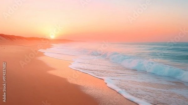 Fototapeta A tranquil sunset over a serene beach, with gentle waves and soft colors reflecting on the water, perfect for relaxation and escape.