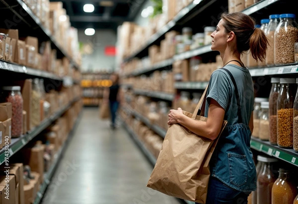 Fototapeta Woman shopping in an aisle at a grocery store carrying a reusable paper bag