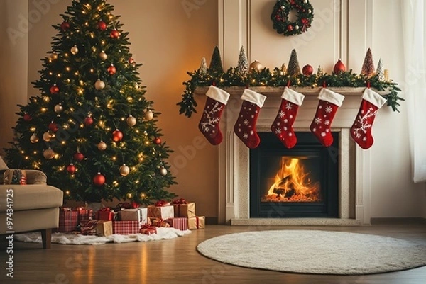 Fototapeta Cozy holiday setting with fireplace and Christmas tree