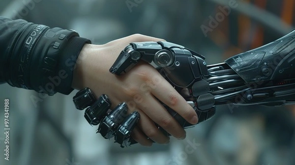 Fototapeta A realistic close-up of a human hand shaking hands with an AI-powered robotic hand, symbolizing the collaboration between humans and technology.