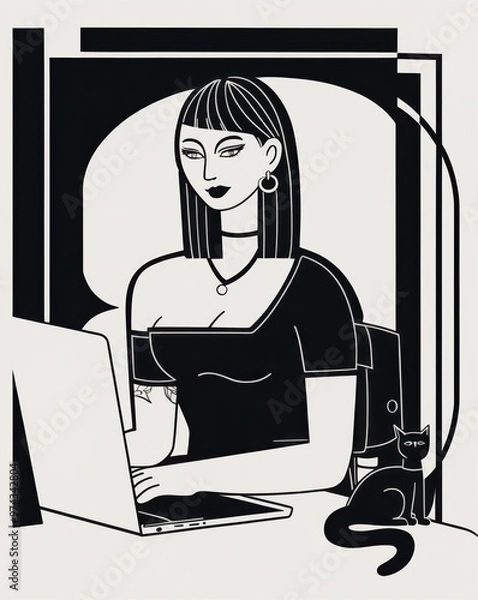 Fototapeta Stylized black and white illustration of a girl working on a laptop with a cat beside her.