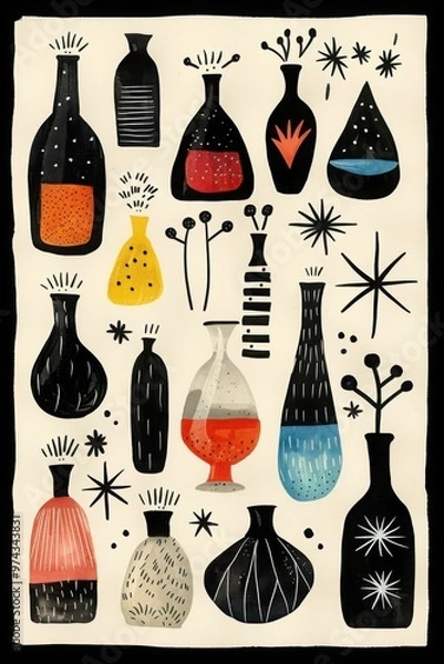 Fototapeta Abstract alchemist's lab with potions depicted in a stylized black and white illustration