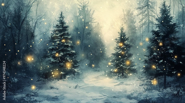 Obraz Magical Forest with Glowing Christmas Trees and Lights in Watercolor Style