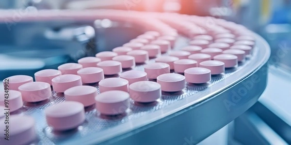 Fototapeta Close-up of pink tablets on a production line in a pharmaceutical facility showcasing modern manufacturing processes.