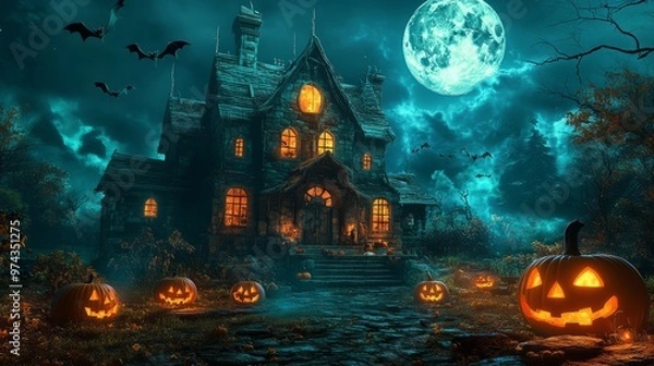 Fototapeta Spooky 3D Haunted House: Full Moon, Pumpkins, and Bats