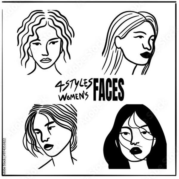 Obraz 4 styles of women’s faces in different postures, outline art style, representing the beauty of women.