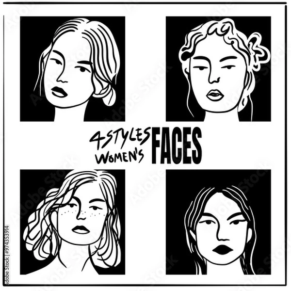 Obraz 4 styles of women’s faces in different postures, outline art style, representing the beauty of women.