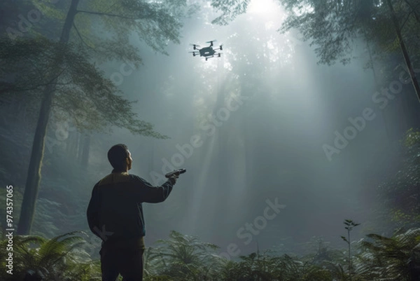 Fototapeta The man uniform carefully launches a drone copter at the edge of a lush forest