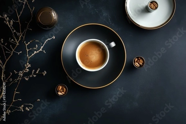 Fototapeta A serene coffee setup with a cup, beans, and decorative elements on a dark surface.