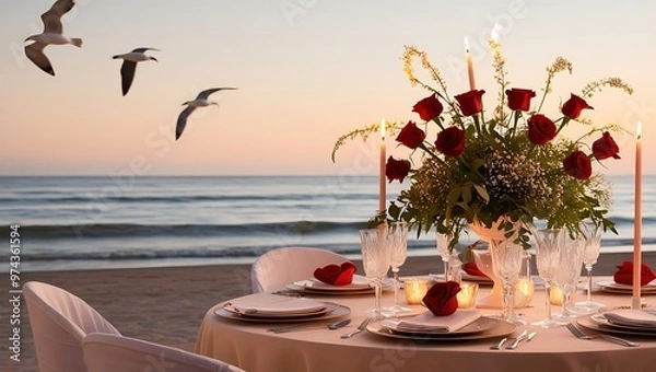 Fototapeta A serene Valentine's Day dinner for two set against a tranquil beachscape at dusk, with delicate candle flames dancing in the gentle evening breeze,