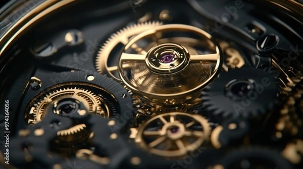 Fototapeta Close-up of a complex watch mechanism with intricate gears