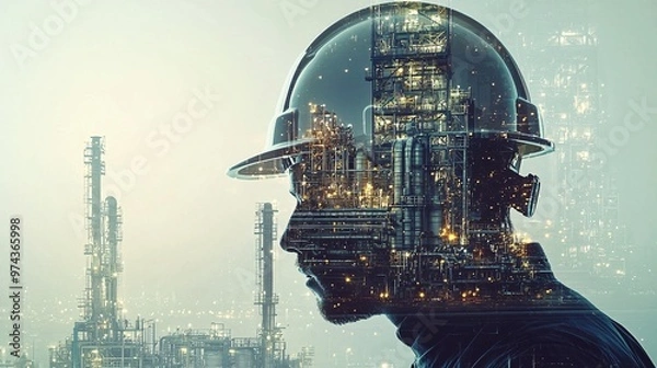 Fototapeta Innovative double exposure concept featuring a hard hat superimposed over a clock, creating a unique technology background.
