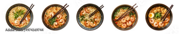 Fototapeta shrimp ramen soup in a bowl with chopsticks isolated on a transparent or white background, cut-out, top view, PNG