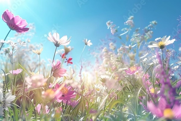 Fototapeta flower, Behind petals of cosmos flower with blur sky background., spring flower meadow in soft pastel tone with bokeh and sky background.