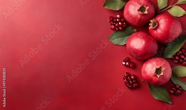 Fototapeta Fresh Pomegranates With Vibrant Red Skin and Seeds Arranged on a Textured Red Background
