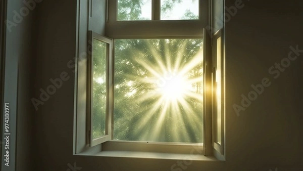 Fototapeta Wooden window frame with open glass panes, casting warm light onto the dimly lit room, revealing a view of the night sky beyond