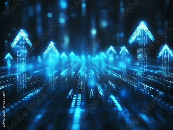 Fototapeta Abstract background with blue glowing arrows pointing upwards