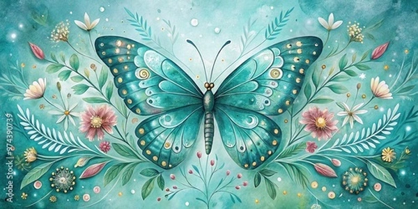 Obraz Teal Butterfly Floral Ornate Pattern Whimsical Vintage Illustration Soft Focal Point Watercolor Style Dreamy Serene Calming Nature Inspired Inspiration Whimsy 