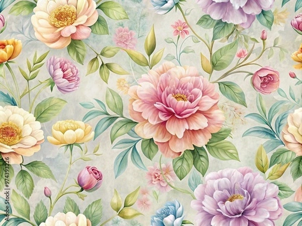 Fototapeta Vibrant floral pattern with delicate petals and leaves in soft pastel hues on a subtle textured background, perfect for adding elegance to any room.