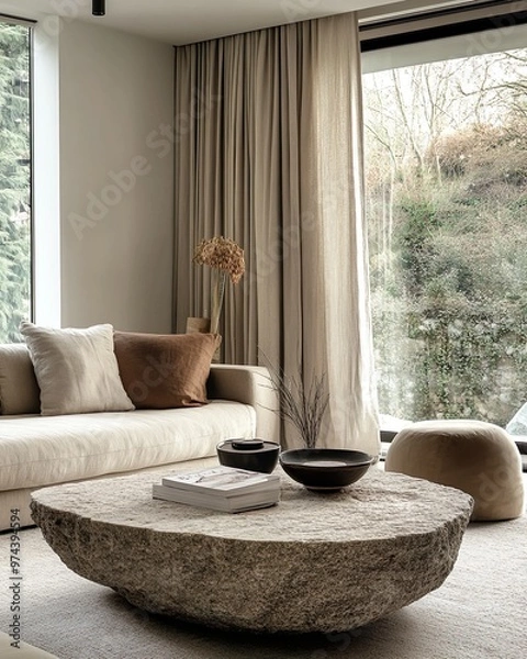 Fototapeta Interior view of the room with stone table in the center, large window overlooking the landscape , white sofa, boho interior design, loft