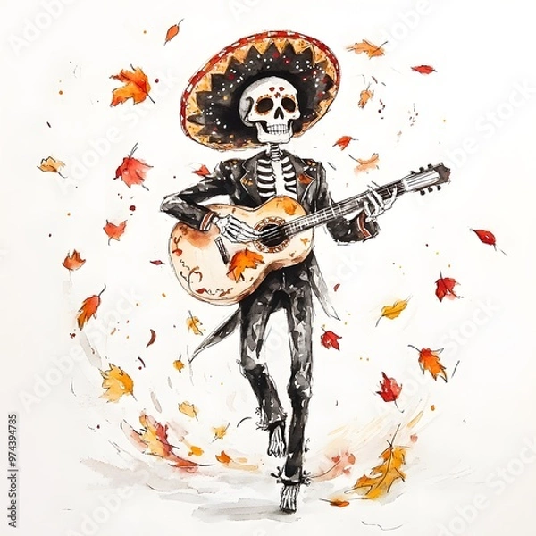 Fototapeta Watercolor Illustration of a Skeleton Playing Guitar with Autumn Leaves