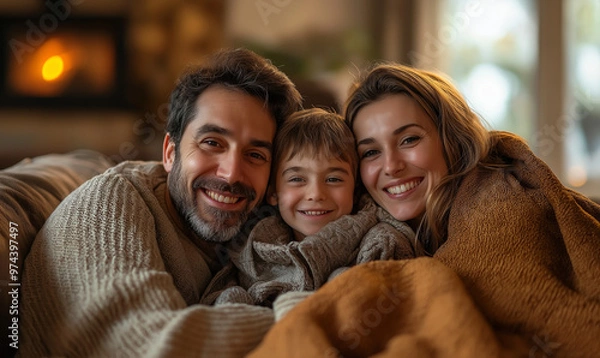 Fototapeta Cozy family scene with parents and children relaxing on a sofa, wrapped in warm blankets under soft lighting, embracing comfort and togetherness.

