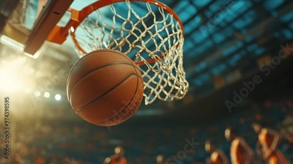 Fototapeta dynamic basketball play with the ball going through the hoop, capturing the intensity and adrenaline of a high-stakes game