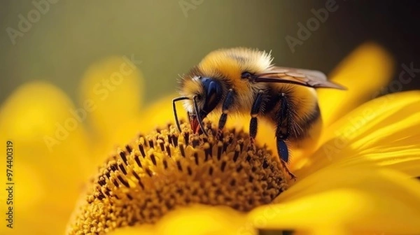 Fototapeta Close-up of a bee collecting pollen from a bright sunflower, showcasing the beauty and importance of these pollinators in nature.