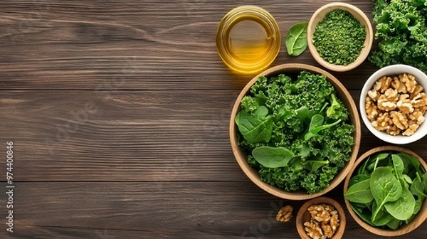 Fototapeta A Colorful Assembly of Fresh Greens and Nuts for a Healthy Salad Ready to Delight Your Tastebuds