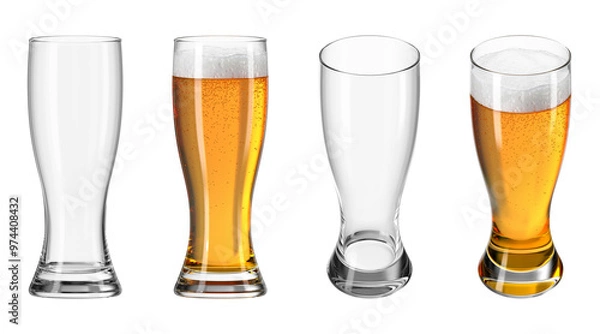 Fototapeta Glass with beer on isolated transparent background. Set of empty glasses and with drink in different angles. Bar theme. 3d rendering.